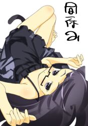 1girl animal_ears barefoot black_dress black_hair cat_ears cat_girl cat_tail closed_mouth dress expressionless glasses highres long_hair looking_at_viewer lying on_back original purple_eyes semi-rimless_eyewear simple_background sleeveless sleeveless_dress solo tail veloexotica white_background