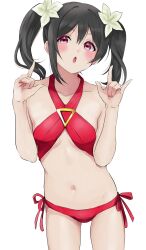 Rule 34 | 1girl, bad link, bikini, black hair, breasts, flower, hair flower, hair ornament, hanamaruyama628, highres, long hair, love live!, love live! school idol project, navel, nico nico nii, red bikini, red eyes, small breasts, swimsuit, twintails, w, white background, yazawa nico