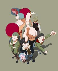 Rule 34 | 6+boys, black hair, blonde hair, buzz cut, cross, crossed arms, earrings, enaka67, facial hair, franky (one piece), from above, goatee, green hair, hand on own hip, hashtag-only commentary, hat, headphones, highres, hood, jewelry, long nose, male focus, monkey d. luffy, multiple boys, one piece, pointing, roronoa zoro, sanji (one piece), scar, scar on face, short hair, sideburns, smile, smoke, sunglasses, tony tony chopper, usopp, very short hair, vest