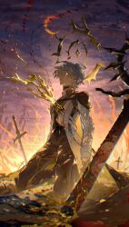 1boy antenna_hair armor black_choker black_pants black_shirt blue_cape cape choker coat commentary_request crying crying_with_eyes_open halo halo_behind_head highres honkai:_star_rail honkai_(series) injury kneeling male_focus nero_hanken pants pauldrons phainon_(honkai:_star_rail) planted planted_sword planted_weapon shirt short_hair shoulder_armor single_pauldron solo sword tears weapon white_coat white_hair yellow_blood yellow_eyes yellow_halo
