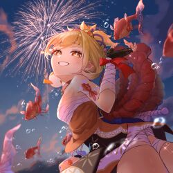 Rule 34 | 1girl, air bubble, arm tattoo, bag, bandaged arm, bandaged leg, bandages, blonde hair, bubble, chest sarashi, choker, cowboy shot, fireworks, fish, genshin impact, goldfish, hadanugi dousa, hair ornament, head tilt, highres, japanese clothes, kimono, kinchaku, mapmap, open kimono, orange kimono, pouch, red rope, rope, sarashi, single bare shoulder, smile, tattoo, teeth, yellow eyes, yoimiya (genshin impact)