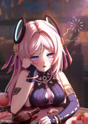 1girl absurdres bare_shoulders blue_eyes blunt_tresses blurry blurry_background blush bottle braid breasts citlali_(genshin_impact) commentary cup drinking_glass drooling drunk facial_mark floating_headgear food forehead_mark genshin_impact hair_intakes headgear highres indoors long_hair looking_at_viewer low_twin_braids medium_breasts pink_hair sitting spill squeans table triangle triangle_facial_mark twin_braids uningmeow