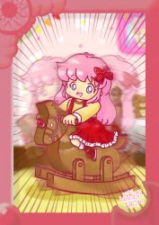 Rule 34 | 10s, 1girl, 2014, 2023, 20s, blue eyes, blush, boots, bow, brown boots, chinese zodiac, hair bow, happy new year, heart, long hair, long sleeves, looking at viewer, misukomu plus, musical note, new year, open mouth, original, picture frame, pink hair, polka dot, polka dot bow, red bow, red skirt, rocking horse, shirt, sitting, skirt, smile, stuffed animal, stuffed toy, suspender skirt, suspenders, teddy bear, year of the horse, yellow shirt, zodiac girl (misukomu plus)