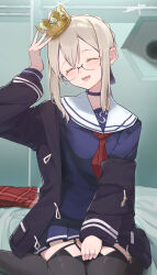 1girl absurdres artoria_pendragon_(fate) bed bed_sheet between_legs black-framed_eyewear black_coat black_thighhighs blonde_hair blush braid breasts closed_eyes coat crown fate/grand_order fate_(series) gasatsuneo glasses hair_between_eyes hand_between_legs hand_up highres indoors long_sleeves looking_at_viewer mysterious_heroine_x_alter_(fate) mysterious_heroine_x_alter_(first_ascension)_(fate) on_bed open_clothes open_mouth plaid_clothes plaid_scarf red_scarf scarf school_uniform semi-rimless_eyewear sitting skirt smile solo thighhighs under-rim_eyewear