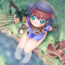 1girl 2000s_(style) archer_(ragnarok_online) arrow_(projectile) badbullet barefoot black_hair blue_dress blush boots bow_(weapon) brown_boots brown_gloves dress from_above full_body gloves green_eyes headband holding holding_bow_(weapon) holding_weapon looking_at_viewer lowres open_mouth quiver ragnarok_online red_headband short_dress short_hair short_sleeves sitting smile soaking_feet solo unworn_boots water weapon