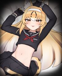 1girl :p absurdres animal_ear_fluff animal_ears arms_up black_gloves blonde_hair blue_sailor_collar blue_serafuku blue_skirt blush brown_eyes cat_ears cat_girl cat_tail crop_top from_above gloves groin hair_tattoo hairband highres kenken_(keuken) long_hair long_sleeves looking_at_viewer lying multicolored_tail navel neckerchief on_back orange_tail original pleated_skirt sailor_collar school_uniform serafuku serika_(kenken) side_ahoge skirt solo spotted_tail tail tongue tongue_out white_hairband