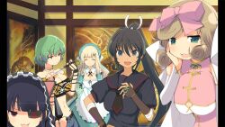 5girls absurdres animal_ears animal_hood apron bare_shoulders black_neckerchief black_serafuku black_shirt blonde_hair blue_pants blunt_bangs breasts brown_gloves brown_hair cat_ears cat_hood cleavage cleavage_cutout closed_eyes clothing_cutout curly_hair dark-skinned_female dark_skin denim dress eyepatch fingerless_gloves game_cg gloves green_dress green_eyes green_hair green_hat hair_ornament hair_ribbon hair_tie hairclip hand_on_own_face haruka_(senran_kagura) hat highres hikage_(senran_kagura) homura_(senran_kagura) hood indoors lab_coat large_breasts light_blush long_hair looking_at_viewer medium_hair mirai_(senran_kagura) multiple_girls neckerchief non-web_source official_art open_mouth orange_shirt ouroboros pants pillarboxed pink_ribbon pink_shirt ponytail puffy_sleeves red_eyes ribbon school_uniform senran_kagura senran_kagura_shoujo-tachi_no_shin&#039;ei serafuku shirt short_hair slit_pupils smile snake_hair_ornament strapless swept_bangs tan tube_top white_apron white_gloves yaegashi_nan yellow_eyes yomi_(senran_kagura)