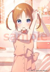 1girl absurdres arms_up blush bow brown_hair chest_of_drawers closed_mouth commentary_request curtains day dress hair_bow highres indoors lyrical_nanoha mahou_shoujo_lyrical_nanoha mouth_hold official_art parted_bangs pink_dress purple_eyes red_bow sample_watermark short_sleeves sidelocks sofra solo stuffed_animal stuffed_rabbit stuffed_toy sunlight takamachi_nanoha teddy_bear twintails tying_hair watermark wide_sleeves window