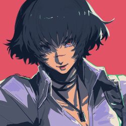 Rule 34 | 1girl, black hair, dele14375735, devil may cry (series), green eyes, heterochromia, highres, jewelry, lady (devil may cry), looking at viewer, necklace, pink background, red eyes, scar, scar on face, scar on nose, shirt, signature, simple background, white shirt