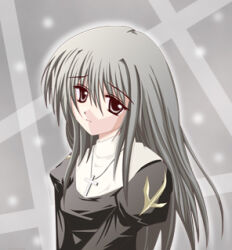 Rule 34 | 1girl, 2000s (style), black dress, closed mouth, commentary, cross, cross necklace, dress, frown, grey eyes, grey hair, grey theme, jewelry, juliet sleeves, justine (shigyunb), long hair, long sleeves, looking at viewer, lowres, necklace, priest (ragnarok online), puffy sleeves, ragnarok online, solo, upper body