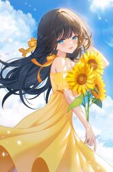 1girl armpit_crease black_hair blue_eyes blue_sky blush cloud commentary cowboy_shot day dress floating_clothes floating_hair flower frilled_sleeves frills from_side hair_ribbon half_updo hand_up happy highres holding holding_flower jpeg_artifacts long_hair looking_at_viewer looking_to_the_side myusha neck_ribbon off-shoulder_dress off_shoulder open_mouth outdoors ribbon shirayuki_hina short_sleeves signature sky smile solo standing stellive sunflower sunlight symbol-only_commentary turning_head virtual_youtuber watermark wind yellow_dress yellow_flower yellow_ribbon yellow_theme