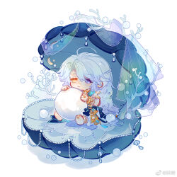 1boy aqua_sash armlet barefoot bracelet cheek_press chibi chibi_only chinese_commentary closed_mouth coral cowlick curtains earrings fins fish_tail gem hair_between_eyes head_fins heterochromia highres holding_orb jewelry long_hair looking_at_viewer male_focus multiple_bracelets necklace pearl_(gemstone) pearl_bracelet pearl_necklace procreate_(medium) purple_eyes ring robe sad seashell see-through_clothes see-through_curtains see-through_shawl shawl shell shuling simple_background sitting solo tail tearing_up the_tale_of_food toe_ring white_background white_hair white_robe yellow_eyes zhenzhu_ri_yue_bei