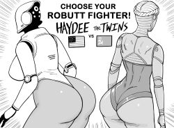 2girls absurdres american_flag ass ass_focus atomic_heart back bb_(baalbuddy) breasts english_text greyscale haydee_(game) haydee_(haydee) highres huge_ass humanoid_robot joints large_breasts left_(atomic_heart) mechanical_arms monochrome multiple_girls robot robot_joints simple_background soviet_flag thighs white_background