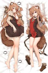 2girls :d animal_ear_fluff animal_ears armored_gloves barefoot blunt_bangs blush boots breasts brown_boots brown_dress brown_gloves brown_hair closed_mouth covered_navel dakimakura_(medium) dress feet gloves gold_trim grey_dress hair_between_eyes holding holding_spoon knife knife_sheath kyuri_tizu layered_dress loli long_hair long_sleeves looking_at_viewer looking_to_the_side lying medium_breasts metal_arm_cuffs metal_wrist_cuffs multiple_girls neck_ribbon on_back on_side open_mouth pout raccoon_ears raccoon_girl raccoon_tail raphtalia red_dress red_eyes red_ribbon ribbon sheath sheathed short_dress short_sleeves sleeveless sleeveless_dress small_breasts smile soles spoon tail tate_no_yuusha_no_nariagari third-party_source time_paradox toes two-tone_dress untied_ribbon unworn_arm_cuffs unworn_boots unworn_gloves unworn_wrist_cuffs white_dress