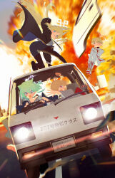 Rule 34 | 4girls, absurdres, animal ear fluff, animal ears, black footwear, black gloves, black jacket, black pantyhose, blonde hair, blue archive, blue eyes, blue kimono, blue skirt, bm tol, brown hair, car, dog ears, dog girl, driving, explosion, ferret ears, ferret girl, fleeing, formal clothes, gloves, green hair, grey kimono, hair between eyes, highres, jacket, japanese clothes, kanna (blue archive), kimono, long hair, marina (blue archive), medium hair, motor vehicle, multiple girls, nodoka (blue archive), nodoka (hot spring) (blue archive), on car, pants, pantyhose, red eyes, shigure (blue archive), shigure (hot spring) (blue archive), short hair, skirt, steering wheel, suit, suzuki (company), suzuki carry, van, white footwear, white jacket, white pants, white suit, yellow eyes