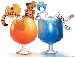 1boy 1girl animal_ears animal_feet ass blue_hair breasts brown_hair closed_eyes cocktail commentary completely_nude couple cup digitigrade drink drinking_glass english_commentary flora_(twokinds) food fruit furrification furry furry_female furry_male furry_with_furry hetero highres in_container in_cup long_hair looking_at_another mini_person miniboy minigirl nude official_art orange_(fruit) orange_slice pawpads short_hair simple_background small_breasts smile tail tiger_ears tiger_girl tiger_tail tom_fischbach trace_legacy twokinds white_background