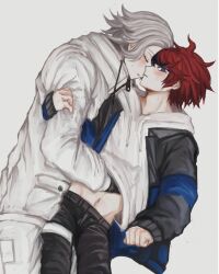 2boys aotsuki_eito black_gloves black_hair black_pants blue_eyes clothes_lift drawstring gloves hood hoodie hoodie_lift jacket looking_at_viewer male_focus multicolored_hair multiple_boys navel pants red_hair simple_background streaked_hair sumino_takumi the_hundred_line_-last_defense_academy- white_background white_hair white_hoodie white_jacket yaoi zipper zipper_pull_tab