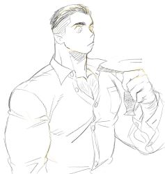 Rule 34 | 1boy, bara, chest hair peek, collared shirt, cropped torso, dickfish (fishismdick), graphite (medium), hair slicked back, highres, john rottweil (dickfish), large pectorals, looking ahead, male focus, mature male, motion lines, muscular, muscular male, necktie, original, pectoral cleavage, pectorals, shirt, short hair, sideburns, sideways mouth, solo, thick eyebrows, traditional media, undercut, undone necktie, undressing