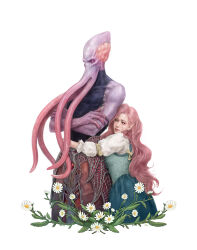 1boy 1girl bald baldur&#039;s_gate baldur&#039;s_gate_3 bare_arms bare_shoulders black_skirt braid brain brown_skirt closed_mouth colored_skin cropped_legs daisy dungeons_&amp;_dragons fingernails flower grey_shirt grey_vest highres hug hug_from_behind long_hair long_sleeves looking_at_another pink_hair pink_skin pointy_ears purple_skin sharp_fingernails shirt side_braid simple_background skirt tav_(baldur&#039;s_gate) tentacles the_emperor_(baldur&#039;s_gate) tmx_(tmxpvksl) vest white_background white_flower