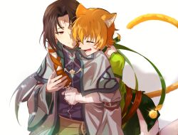 1boy 1girl animal_ears arm_belt bell belt belt_buckle black_hair blush brown_belt buckle cat_ears cat_girl cat_tail choker closed_eyes collar commission commissioner_upload facial_mark fire_emblem fire_emblem:_path_of_radiance fire_emblem:_radiant_dawn forehead_mark glowing_gem green_choker green_collar green_shorts hand_guard happy highres hug hug_from_behind kohamustoto laguz_(fire_emblem) lethe_(fire_emblem) light_blush nintendo official_alternate_costume open_mouth orange_hair orange_tail red_eyes robe shorts side_slit side_slit_shorts smile soren_(fire_emblem) soren_(radiant_confidant)_(fire_emblem) sweat sweatdrop tail whisker_markings white_background wrist_wrap