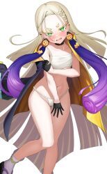 1girl agibe bikini black_coat blonde_hair breasts chest_sarashi coat coat_on_shoulders commentary_request duel_monster feet_out_of_frame green_eyes highres long_hair multicolored_hair navel noh-p.u.n.k_rising_scale purple_hair sarashi simple_background small_breasts solo swimsuit two-tone_hair very_long_hair white_background white_loincloth yu-gi-oh!