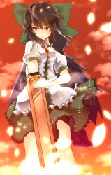 1girl arm_cannon black_hair black_wings blush bow breasts closed_mouth cloud collared_shirt commentary_request control_rod_(touhou) cowboy_shot embers expressionless feathered_wings frilled_shirt frilled_shirt_collar frilled_skirt frills green_bow green_skirt hair_bow highres long_hair looking_at_viewer medium_breasts orange_background puffy_short_sleeves puffy_sleeves red_eyes reiuji_utsuho shirt short_sleeves skirt solo third_eye touhou unimamo weapon white_shirt wind wings