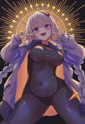 Rule 34 | 1girl, absurdres, ahoge, arms up, black bodysuit, blue eyes, blush, bodysuit, braid, breasts, commentary request, covered navel, cowboy shot, double v, hatyomugi00, highres, jacket, kizuna akari, large breasts, long hair, long sleeves, looking at viewer, open clothes, open jacket, open mouth, puffy long sleeves, puffy sleeves, solo, sphere hair ornament, twin braids, v, vocaloid, voiceroid, white hair, white jacket
