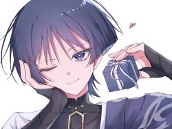1boy armor black_bodysuit black_bridal_gauntlets blunt_ends bodysuit box bridal_gauntlets cape choppy_bangs closed_mouth colored_inner_hair covered_collarbone eyeliner eyeshadow genshin_impact gift gift_box grey_eyes grey_hair hand_on_own_face head_tilt heart highres holding holding_gift japanese_armor kote kurokote makeup male_focus mandarin_collar multicolored_hair one_eye_closed portrait purple_cape purple_hair red_eyeliner red_eyeshadow ribbon scaramouche_(genshin_impact) smile solo toa_scara wanderer_(genshin_impact) white_background white_ribbon white_trim