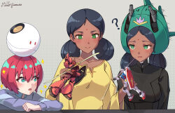 3girls ? amate_yuzuriha aqua_eyes black_hair dark-skinned_female dark_skin double_bun dress gelgoog_s_char_custom gquuuuuux green_eyes gundam gundam_gquuuuuux hair_bun haro highres himeyamato holding indian lalah_sune long_hair long_sleeves multiple_girls non-humanoid_robot open_mouth red_hair robot rx-78-2_gundam short_hair simple_background smile spoken_question_mark yellow_dress