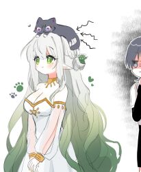1boy 1girl 52601i aged_up alternate_hairstyle animal animal_on_head animalization armlet arms_at_sides arrow_(symbol) black_bridal_gauntlets black_cat black_shorts blunt_ends blush bracelet braid breasts bridal_gauntlets cat cat_on_head cheek_bulge cleavage cleavage_cutout closed_mouth clothing_cutout colored_tips cross-shaped_pupils detached_sleeves dress eyelashes genshin_impact gold_trim gradient_hair green_eyes green_hair grey_eyes grey_hair hair_ornament half_up_half_down_braid heart jealous jewelry jitome large_breasts leaf leaf_hair_ornament long_hair looking_at_animal looking_up multicolored_hair nahida_(genshin_impact) neck_ring on_head paw_print person_and_animalization pointy_ears scaramouche_(cat)_(genshin_impact) scaramouche_(genshin_impact) see-through_clothes see-through_sleeves shaded_face short_sleeves shorts sidelocks sketch smile strapless symbol-shaped_pupils tareme very_long_hair wanderer_(genshin_impact) wavy_hair white_dress white_hair white_sleeves