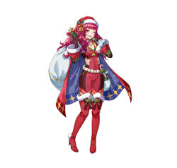 1girl absurdres blue_cape bodysuit boots breasts cape cleavage fire_emblem fire_emblem_engage fire_emblem_heroes hair_ornament hat highres holding holding_sack holly holly_hair_ornament ice_pick katze-reis-kuchen--nyankoromochi long_hair medium_breasts multicolored_cape nintendo official_alternate_costume official_art open_mouth red_bodysuit red_boots red_cape red_hair sack santa_hat simple_background smile solo star_(symbol) star_hair_ornament star_print thigh_boots white_background yunaka_(fire_emblem) yunaka_(spirited_envoy)_(fire_emblem)