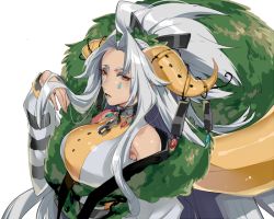 1girl broken broken_chain chain facial_tattoo female_focus fur_trim gen_4_pokemon grey_lips hair_intakes hand_up horns legendary_pokemon long_hair long_sleeves nintendo personification pokemon red_eyes regigigas sidelocks solo tattoo teardrop upper_body very_long_hair white_background white_hair zazaki