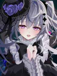 1girl acid_(maimai) black_bow black_bowtie black_dress black_hat blurry blurry_background blush boater_hat bow bowtie dress flower frills gothic_lolita grey_hair hair_ornament half-closed_eyes hat highres l.os layered_sleeves lolita_fashion long_sleeves looking_at_viewer maimai_(game) multicolored_hair open_mouth purple_eyes purple_flower purple_rose rose solo streaked_hair twintails upper_body
