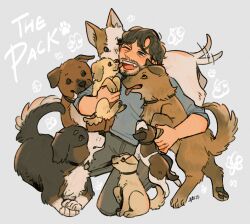 1boy animal aznpew black_hair blush dog facial_hair grey_shirt hannibal_(tv_series) happy highres mascot pants shirt signature smile will_graham