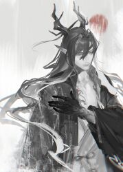 1boy absurdres arknights chest_tattoo chunbuchou coat collarbone colored_hands eastern_dragon_horns floating_hair gradient_skin hair_between_eyes highres limited_palette long_hair looking_down male_focus open_clothes open_coat pectoral_cleavage pectorals pointy_ears solo spot_color sun tattoo toned toned_male upper_body wang_(arknights)