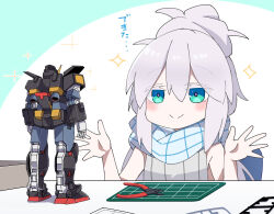 1girl absurdres blue_eyes blush clippers colored_eyelashes deux_murasame gundam gundam_gquuuuuux gunpla hands_up highres long_hair looking_at_object model_kit nkeo psyco_gundam scarf simple_background sleeveless solo sprue star_(symbol) table toy translation_request upper_body white_hair white_scarf