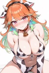 1girl animal_ears animal_print bell bikini blush breasts cow_ears cow_horns cow_print cow_print_bikini cow_print_gloves cowbell curvy elbow_gloves fake_animal_ears fake_horns foame front-tie_bikini_top front-tie_top gloves green_hair highres hololive hololive_english horns large_breasts long_hair looking_at_viewer multicolored_hair navel neck_bell orange_hair pink_eyes print_bikini print_gloves simple_background solo swimsuit takanashi_kiara thick_thighs thighs virtual_youtuber white_background