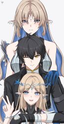 1boy 2girls artist_logo bare_shoulders black_collar black_gloves black_hair black_jacket blonde_hair blue_eyes blue_hair blush breasts cartethyia_(wuthering_waves) closed_mouth collar colored_inner_hair commentary crown_of_thorns earrings english_commentary fleurdelys_(wuthering_waves) floating_earrings gloves hand_on_another&#039;s_shoulder hand_up highres horns jacket jewelry large_breasts logo long_hair looking_at_viewer luckplz male_rover_(wuthering_waves) multicolored_hair multiple_girls one_eye_closed open_mouth parted_bangs pointy_ears rover_(wuthering_waves) sidelocks single_horn smile sweatdrop tacet_mark_(wuthering_waves) w wuthering_waves yellow_eyes yellow_horns