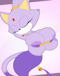 1girl alternate_costume animal_ears armpits blaze_the_cat bra breast_expansion breasts cat_ears cat_girl cat_tail expansion female_focus furry furry_female genie genie_lamp highres huge_breasts large_breasts slickehedge solo sonic_(series) tail torn_bra torn_clothes underwear yellow_eyes