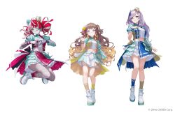 Rule 34 | 3girls, :p, ahoge, anya melfissa, aqua gemstone, asymmetrical legwear, asymmetrical sleeves, back bow, badge, bandaged leg, bandages, beads, black bow, black nails, black shirt, black skirt, blonde hair, blue shirt, blue skirt, blue socks, blunt bangs, blunt ends, blush, bow, bow skirt, braid, braided bangs, breasts, bright pupils, brown hair, brown shirt, brown shorts, brown skirt, brown socks, center-flap bangs, closed mouth, colored skin, colored tongue, commentary, commentary request, company name, copyright notice, cropped shirt, cross-laced footwear, curly hair, diamond-shaped pupils, diamond (shape), dot nose, double-parted bangs, double bun, earrings, english commentary, feather hair ornament, feathers, fingernails, frilled skirt, frills, full body, garter straps, gem, gingham bow, gingham shirt, green bow, green eyes, green headwear, green nails, green ribbon, green shirt, green shorts, green skirt, green sleeves, grey hair, grey ribbon, grey skin, hair bow, hair bun, hair ornament, half-skirt, hand on own chest, hand up, hat, hat bow, head tilt, heart, heart hands, heterochromia, high heel sneakers, highres, hololive, hololive idol uniform (bright), hololive indonesia, idol, idol clothes, jewelry, knees together feet apart, kureiji ollie, layered sleeves, legs folded, long hair, long sleeves, looking at viewer, matsuo shogo, midriff, mini hat, mismatched legwear, mismatched pupils, mismatched sleeves, mismatched socks, mixed-language commentary, multicolored eyes, multicolored hair, multicolored headwear, multicolored shirt, multicolored shorts, multicolored skin, multicolored skirt, multiple girls, nail polish, navel, official alternate costume, official art, outstretched hand, overskirt, parted lips, patchwork skin, pavolia reine, pink hair, pinstripe bow, plaid bow, plaid clothes, plaid ribbon, plaid shorts, plaid skirt, plaid sleeves, pom pom (clothes), pom pom hair ornament, pom pom hat ornament, puffy short sleeves, puffy sleeves, purple eyes, purple tongue, red bow, red eyes, red hair, red shirt, red skirt, red socks, ribbon, ringlets, shirt, short over long sleeves, short sleeves, shorts, side ponytail, sidelocks, simple background, single earring, skirt, smile, socks, sparkle print, stitches, streaked hair, striped bow, swept bangs, symbol-shaped pupils, tachi-e, thigh strap, tongue, tongue out, top hat, two-sided fabric, two-sided skirt, two-tone hair, two-tone skin, uneven sleeves, virtual youtuber, waist ribbon, waving, white background, white bow, white footwear, white headwear, white pupils, white shirt, white shorts, white skin, white skirt, wrist bow, wristband, x-shaped pupils, yellow eyes, yellow headwear, yellow skirt, yellow socks, zombie