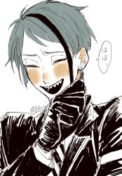 1boy arm_up black_gloves black_hair black_jacket closed_eyes commentary_request formal_clothes gloves grey_hair highres jacket jade_leech kain_2410 lapels laughing layered_sleeves male_focus multicolored_hair notched_lapels open_mouth parted_bangs sharp_teeth short_hair simple_background solo speech_bubble streaked_hair suit_jacket teeth twisted_wonderland twitter_username upper_teeth_only white_background