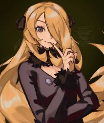 1girl asatte_3z blonde_hair breasts cleavage closed_mouth coat creatures_(company) cynthia_(pokemon) fur_collar fur_trim game_freak grey_eyes hair_ornament hair_over_one_eye highres long_hair long_sleeves looking_at_viewer nintendo pokemon pokemon_dppt smile solo upper_body very_long_hair