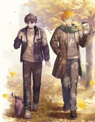 2boys :d ;3 absurdres antenna_hair aqua_eyes aqua_hair artist_name autumn autumn_leaves backpack bag black_choker black_hair black_pants black_shoes brown_coat building bush cat choker closed_mouth coat commentary crossed_bangs cup disposable_coffee_cup disposable_cup drawstring falling_leaves fangs ginkgo_leaf glasses gradient_hair green_scarf grey_pants grey_shoes hair_between_eyes hair_ornament hand_in_pocket hand_up highres holding holding_cup hood hoodie jacket lapels leaf letterman_jacket lightning_bolt lightning_bolt_hair_ornament lightning_bolt_symbol long_sleeves looking_at_another looking_to_the_side male_focus merasugi multicolored_eyes multicolored_hair multicolored_jacket multiple_boys nijisanji on_shoulder one_eye_closed open_clothes open_coat open_jacket open_mouth orange_eyes orange_hair outdoors pants purple_cat purple_eyes purple_jacket saiki_ittetsu scarf shirt shoes short_hair smile sneakers standing symbol-only_commentary tree twitter_username two-tone_eyes two-tone_jacket usami_rito virtual_youtuber walking white-framed_eyewear white_hoodie white_jacket white_shirt