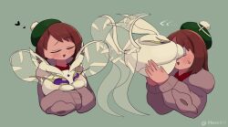 a-nya beret brown_hair closed_eyes frosmoth gen_8_pokemon gloria_(pokemon) green_background green_hat hat highres hug medium_hair nintendo open_mouth pokemon pokemon_swsh sweater twitter_username
