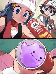 1boy 1girl absurdres ash_ketchum beanie blue_eyes bongfill boots dawn_(pokemon) ditto gen_1_pokemon hat highres holding looking_at_viewer nintendo pink_boots pokemon pokemon_(anime) pokemon_(creature) pokemon_dppt_(anime) pov pringles pringles_can red_scarf scarf signature slime_(creature) smile white_hat