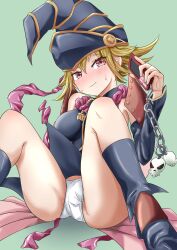 1girl absurdres black_hat blonde_hair blush breasts cellphone chain duel_monster gagaga_girl green_eyes gt_majoyan hat highres holding holding_phone medium_breasts medium_hair panties phone purple_eyes simple_background smartphone solo spread_legs underwear white_panties yu-gi-oh!