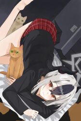 1girl absurdres all_fours barefoot black_hair black_hoodie black_horns blue_archive blush cat closed_mouth commentary_request demon_horns grey_hair halo highres hood hoodie horns indoors kayoko_(blue_archive) korean_commentary long_sleeves looking_at_viewer muffin_(loveenanag) plaid_clothes plaid_skirt pleated_skirt ponytail red_eyes red_skirt sidelocks skirt solo
