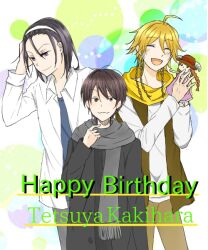 3boys ahoge alicein_mikuni belphegor-1222 blonde_hair brown_eyes brown_hair brown_pants closed_eyes doll grey_scarf happy_birthday headband holding holding_doll kakihara_tetsuya male_focus medium_hair multiple_boys pants purple_eyes real_life scarf servamp short_hair toudou_jinpachi voice_actor voice_actor_connection white_headband yellow_scarf yowamushi_pedal