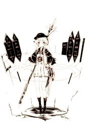 1girl boots capelet dress eien_no_aselia eternity_sword_series female_focus hat highres hitomaru knee_boots lagrange lagrange_(eternity_sword) monochrome nib_pen_(object) official_art oversized_object pen short_dress short_hair solo staff weapon yuukyuu_no_euphoria