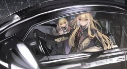 2girls absurdres arknights black_car blonde_hair car es_(es_f0x) highres long_hair motor_vehicle multiple_girls red_eyes steering_wheel suzuran_(arknights) vulpisfoglia_(arknights)